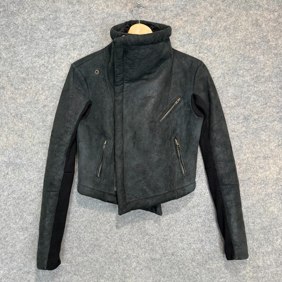 Veda 100% Shearling Leather Fur Moto Jacket Womens Small Motorcycle Designer Zip - Picture 5 of 16